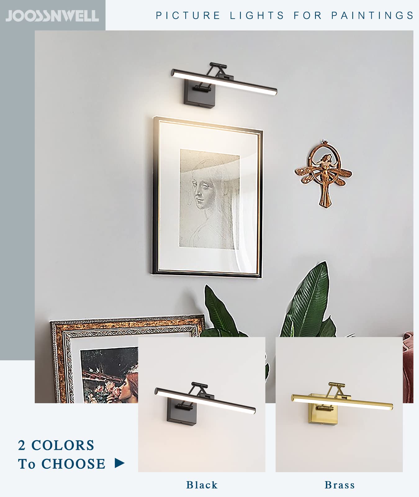 Joossnwell LED Picture Lights for Paintings Dimmable 15.5 Inch Long Hard-Wired Art Lights for Paintings Black Gallery Light with Adjustable Swing Arm