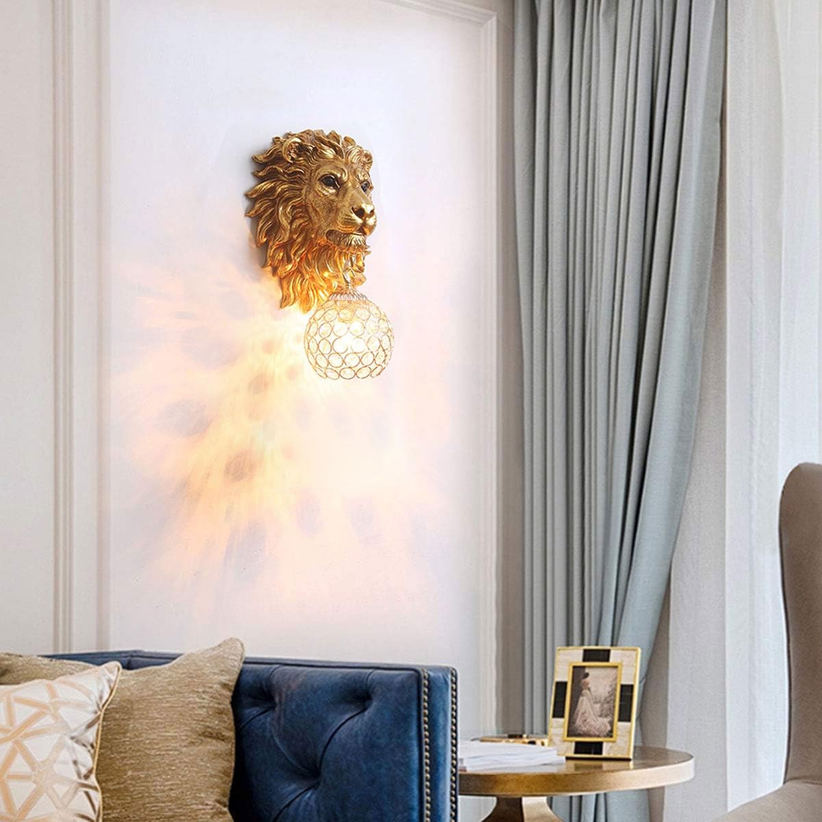 Pobllem Gold Lion Head Wall Sconces Set of 2, Modern Luxury Crystal Globe Wall Lamp, Resin Animal Head Decorative Wall Mounted Light Fixtures