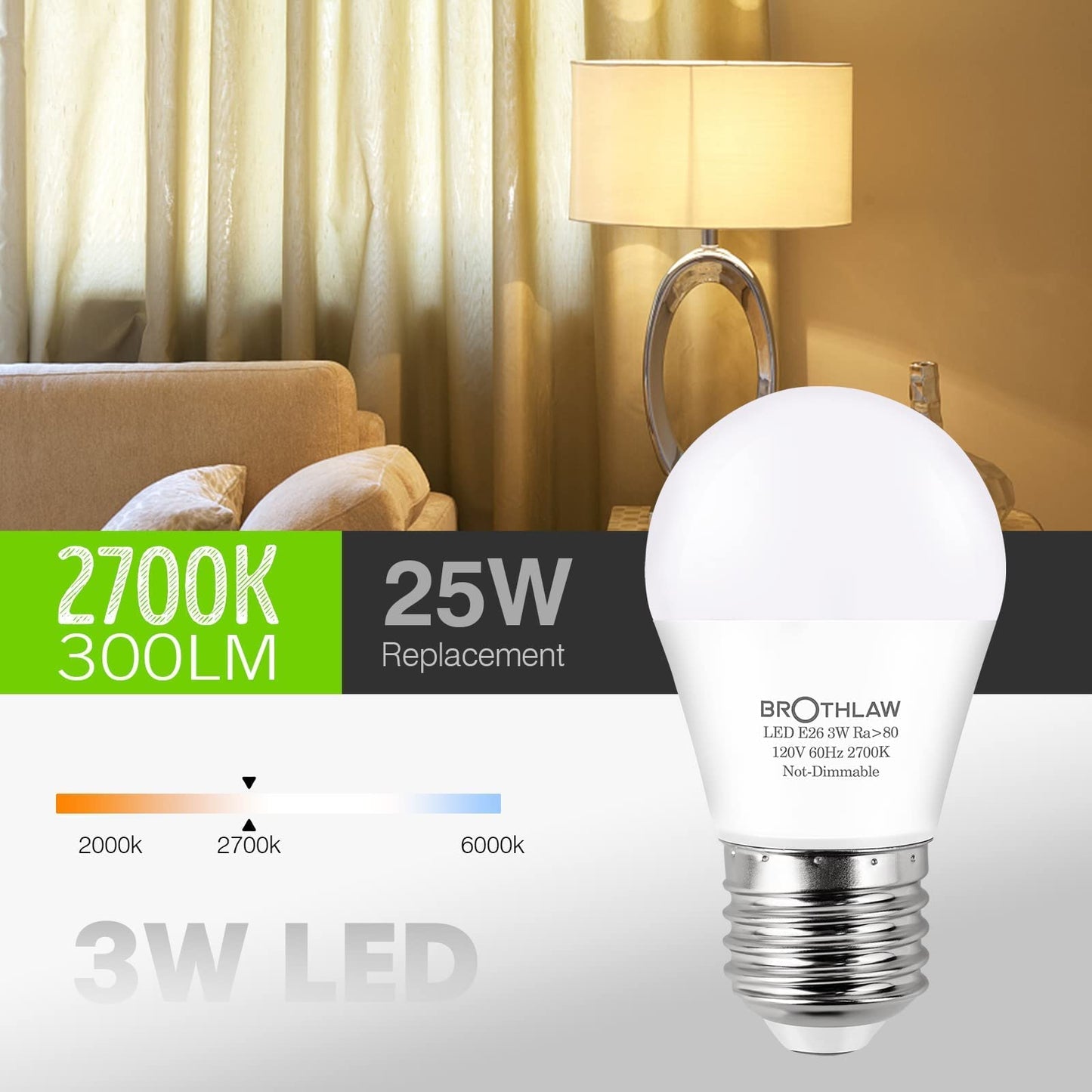 Brothlaw 25 Watt Equivalent Light Bulbs, A15 LED Light 3W E26 Base 2700K Warm White Low watt Light Bulbs,Nightstand Light Bulb, Table Lamp Bulb, 4