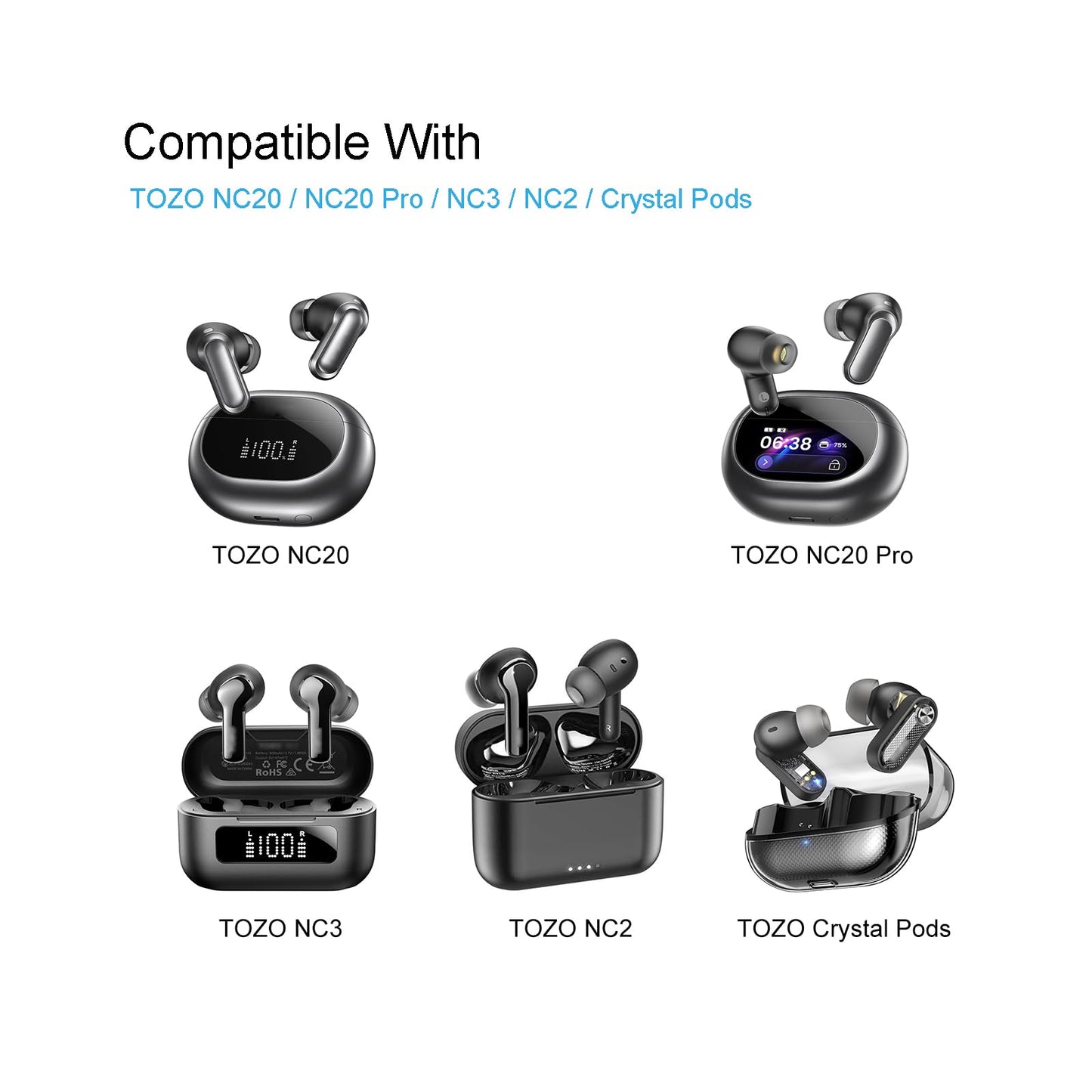 Klowcok Replacement Foam Ear Tips for TOZO NC20 / NC20 Pro Earbuds, Memory Foam Tips Compatible with TOZO NC3 Earbuds, 3 Pairs (S/M/L) Black
