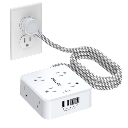 Surge Protector Power Strip - CHCORE 5Ft Braided Extension Cord with 8 Outlets with 4 USB (2 USB C) Charging Ports, Flat Plug Multi Plug Outlet