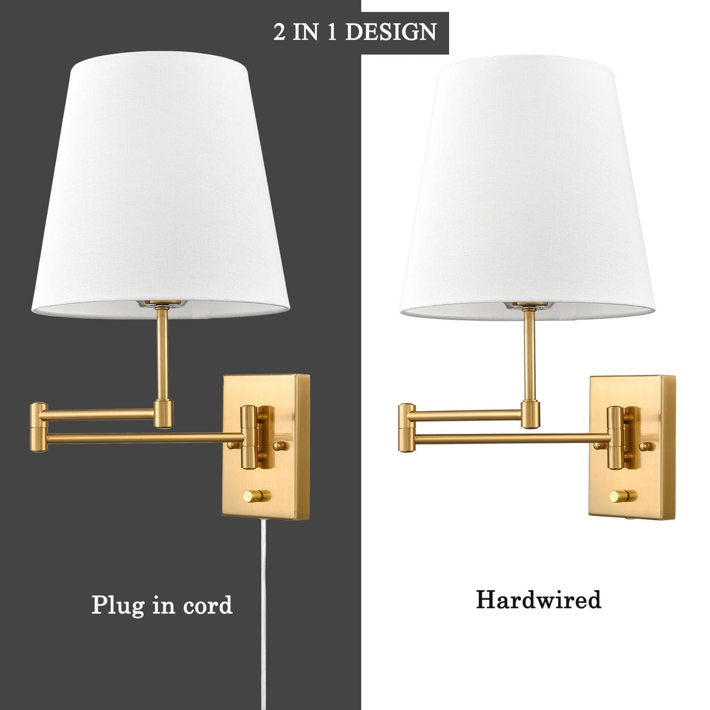 HYDELITE Gold Swing Arm Wall Lamp Brass Wall Sconces with Linen Shade | Plug-in or Hardwired Wall Light Fixtures Bedroom Bedside, House Reading