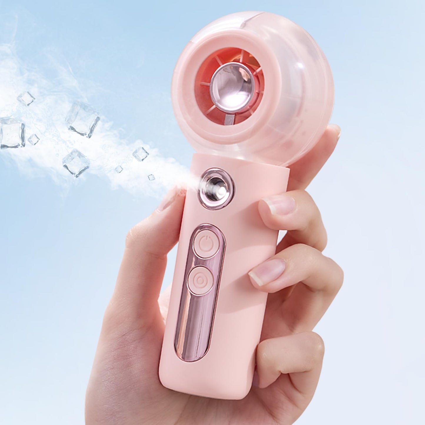 Gemmac Portable Fan with Mist, Personal Misting Fan USB Rechargeable 2000mAh Small Handheld Fans, 4 Strong Wind Cooling 50ml Spray Water Tank