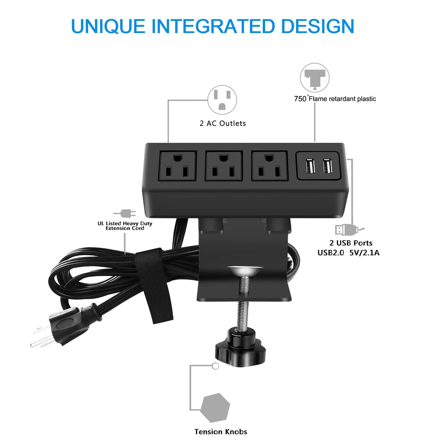 CCCEI 3 Outlet Desk Clamp Power Strip with USB Ports, Desktop Power Strip Surge Protector 1200J. Table Mount Charging Power Station, on Edge Power