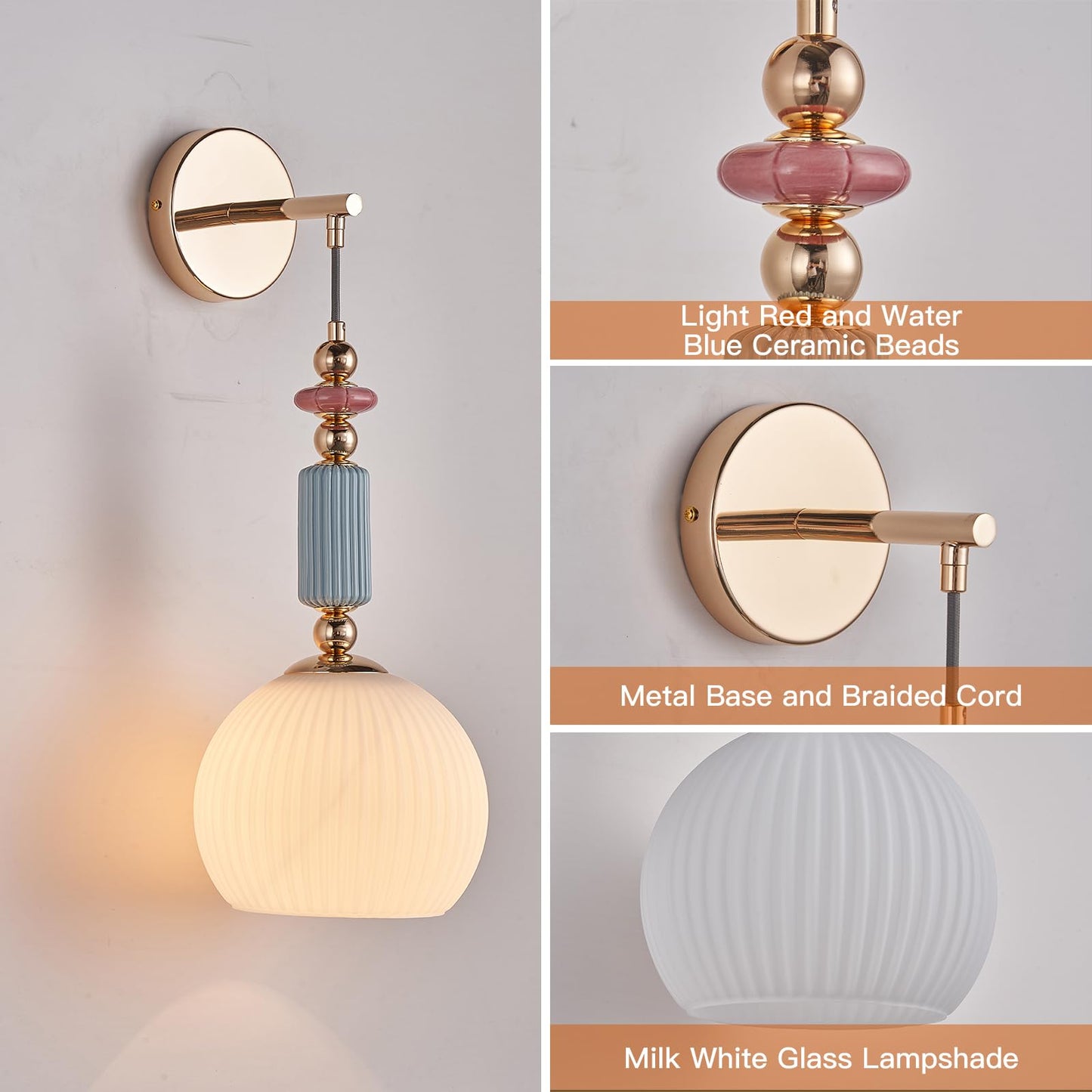 FALINNEAD Milk White Glass Modern Wall Scone Hanging Indoor Wall Light Fixtures Milky White Lamp for Bedroom Hallway Living Room