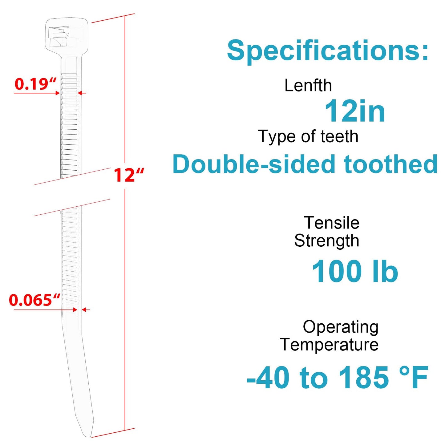 12 Inch Zip Ties Double Sided Toothed,100 LBS Tensile Strength Heavy Duty Cable Wire Ties With Self-Locking Adjustable More Durable Nylon Tie Wraps