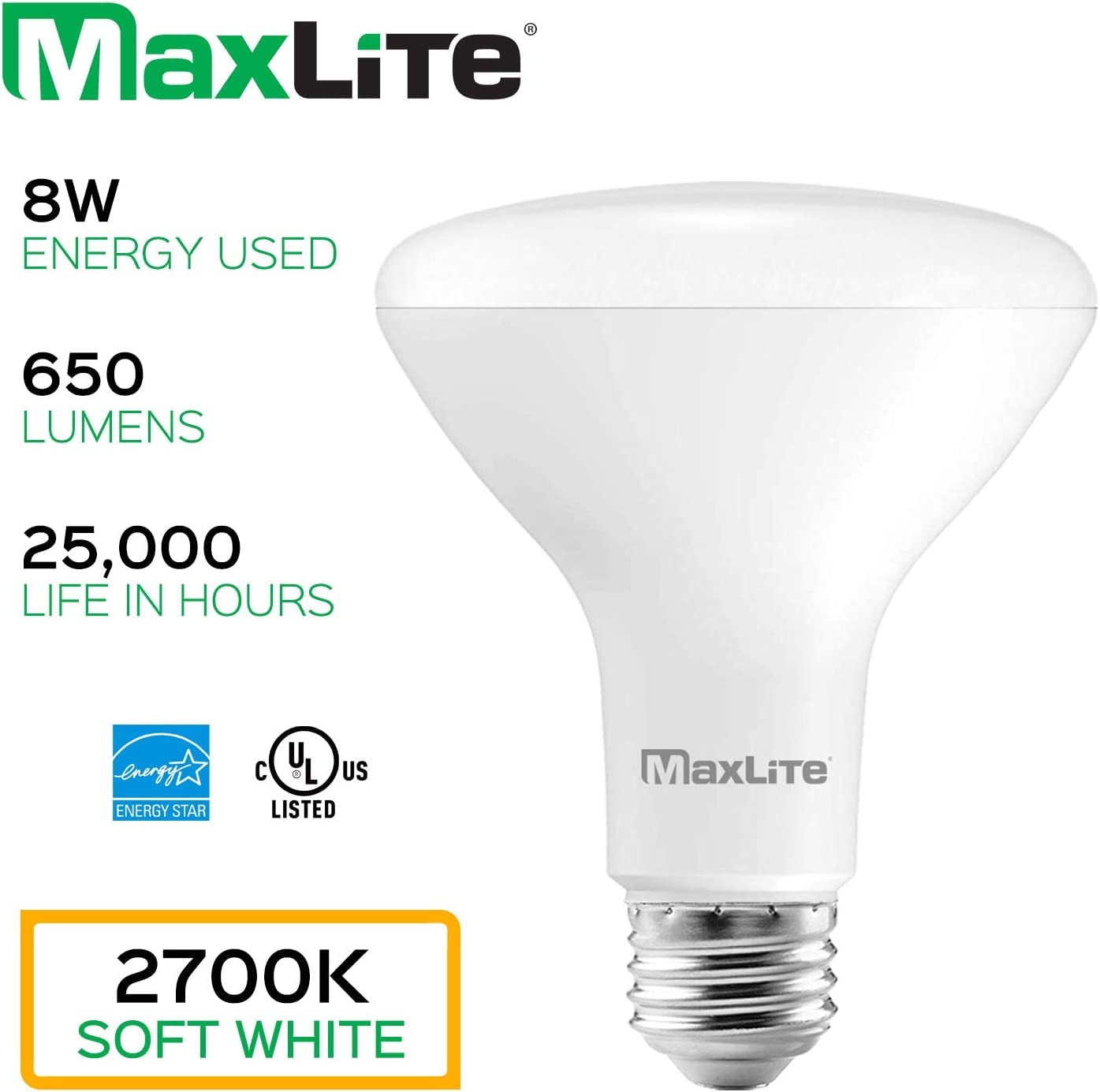 MaxLite LED BR Reflector LAMP 8W BR30 DIM 2700K 4PK - White (8BR30D27/4P/WS)