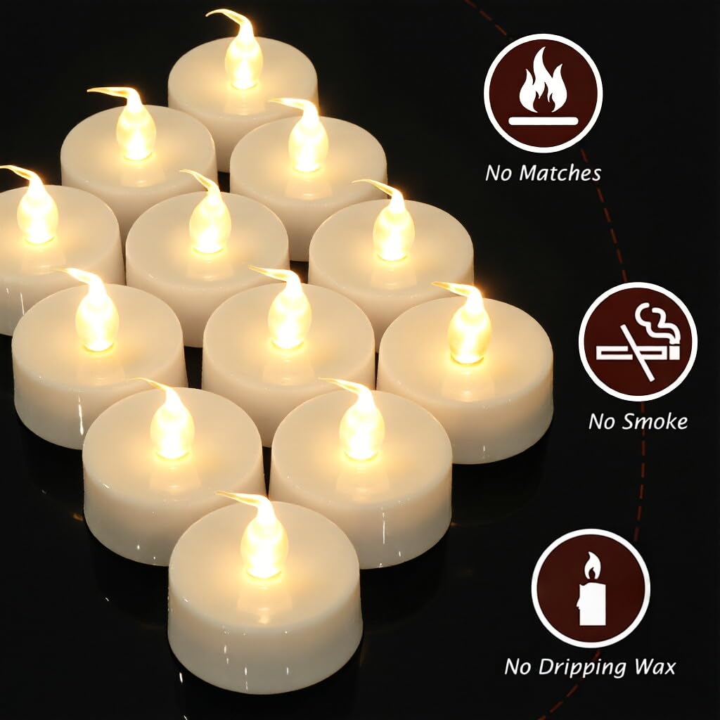 Topstone 12 pcs Flameless Candles with Timer,Timing Electric Tealight Candles,Battery Operated Fake Candles,Warm White Led Votive Candles