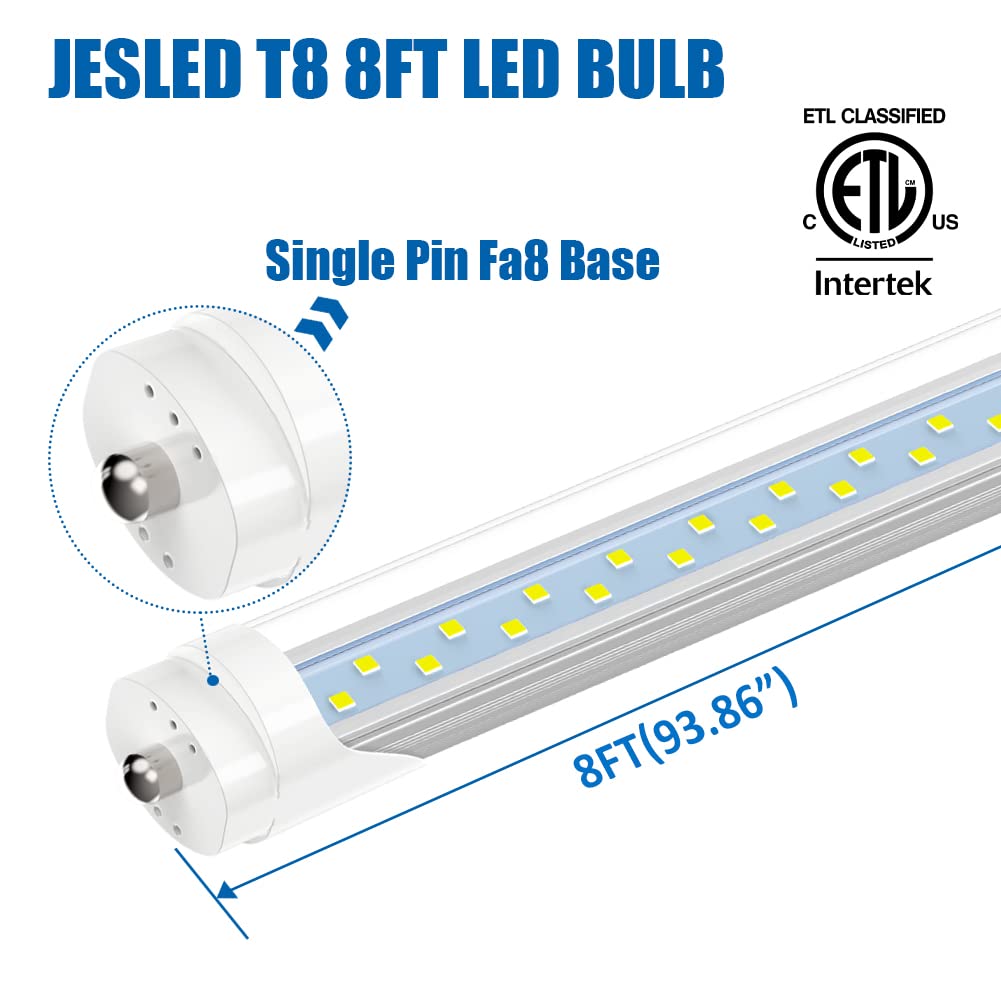 JESLED T8 T10 T12 8FT LED Bulbs, 50W (130W Equiv.), 6000LM 5000K Daylight