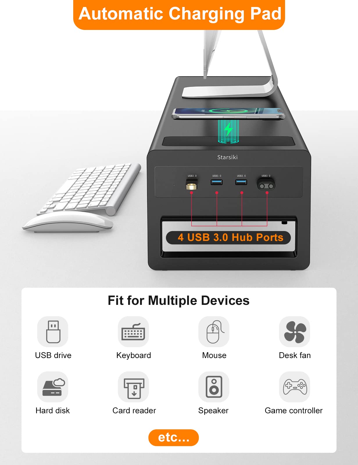 2 Tiers Dual Monitor Stand with Auto Charging Pad, 4 USB 3.0 Hub Ports, Double Monitor Riser, Metal Desk Stand with Storage, Long Screen Raiser for 2