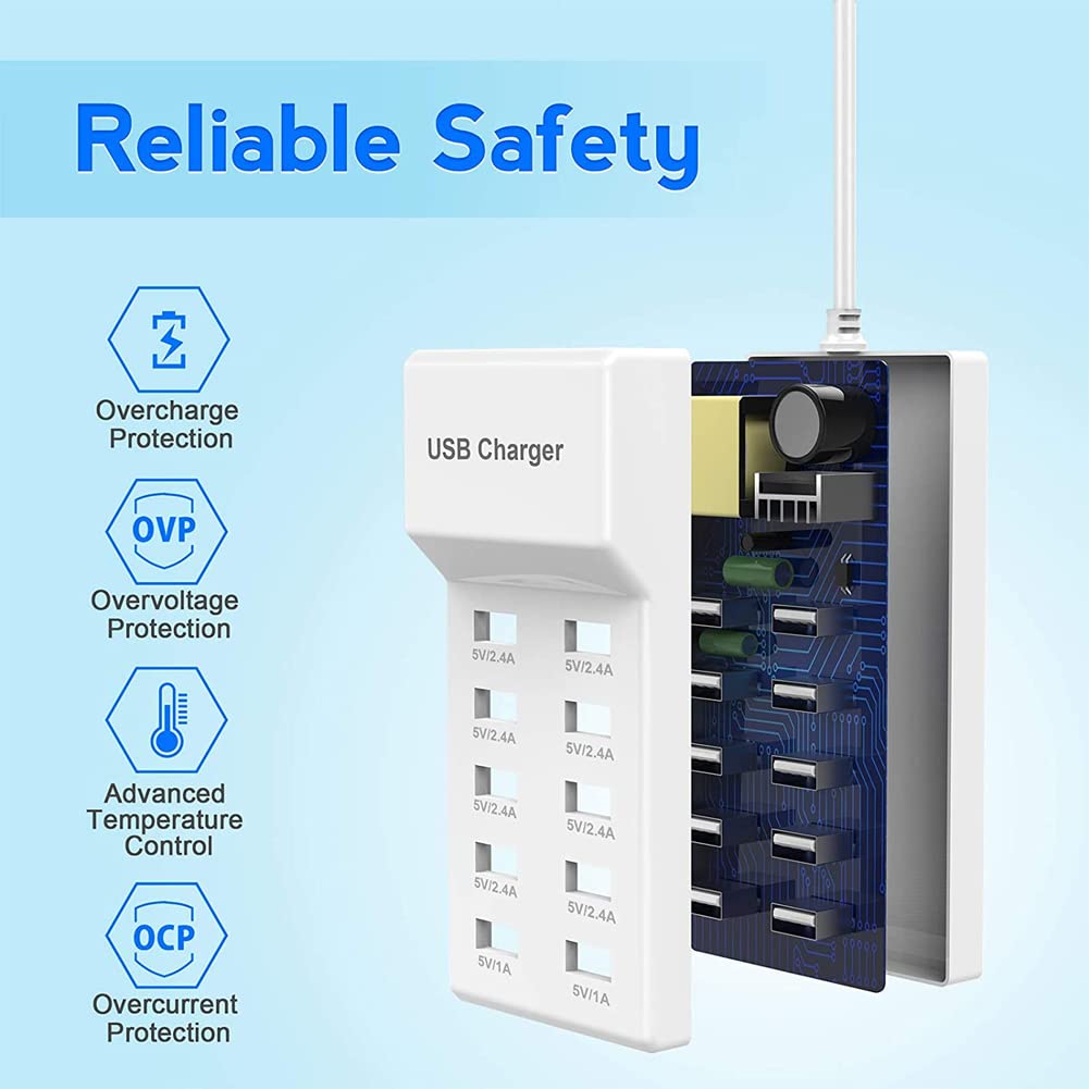 10-Port USB Wall Charger Station with Rapid Charging Auto Detect Technology Safety Guaranteed Family-Sized USB Ports for Multiple Devices Smart Phone