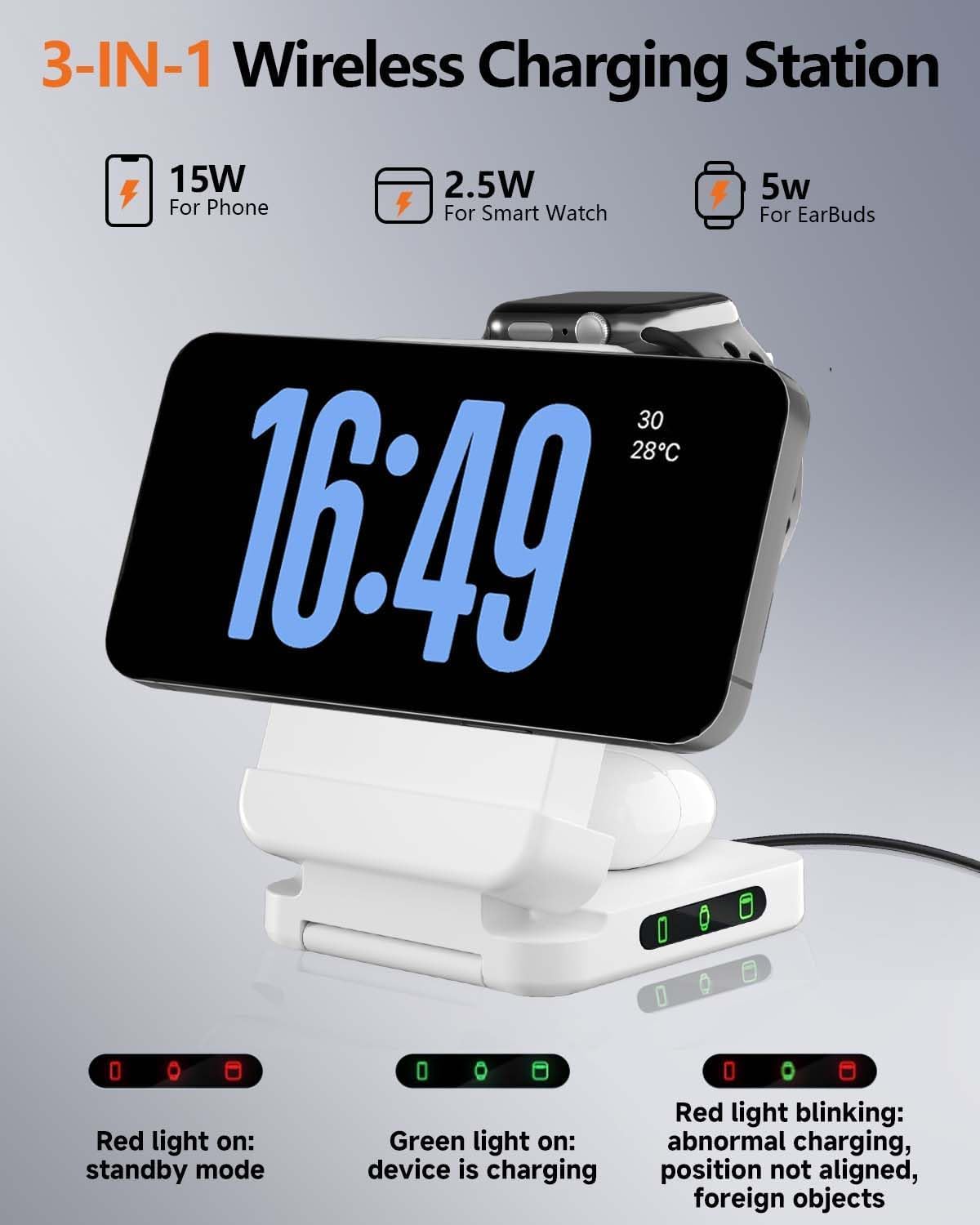 3 in 1 Foldable Wireless Charger, 15W Qi2 Magnetic Charger Stand for iPhone & Samsung, Apple Watch & Galaxy Watch, AirPods & Galaxy Buds
