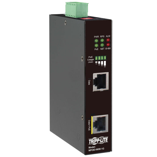 Tripp Lite Gigabit Ethernet PoE Injector Heavy-Duty Industrial, 1-Port, 90W PoE++, 1 Gbps, Power + Data up to 328 Feet / 100 Meters, IP30 Housing, DIN