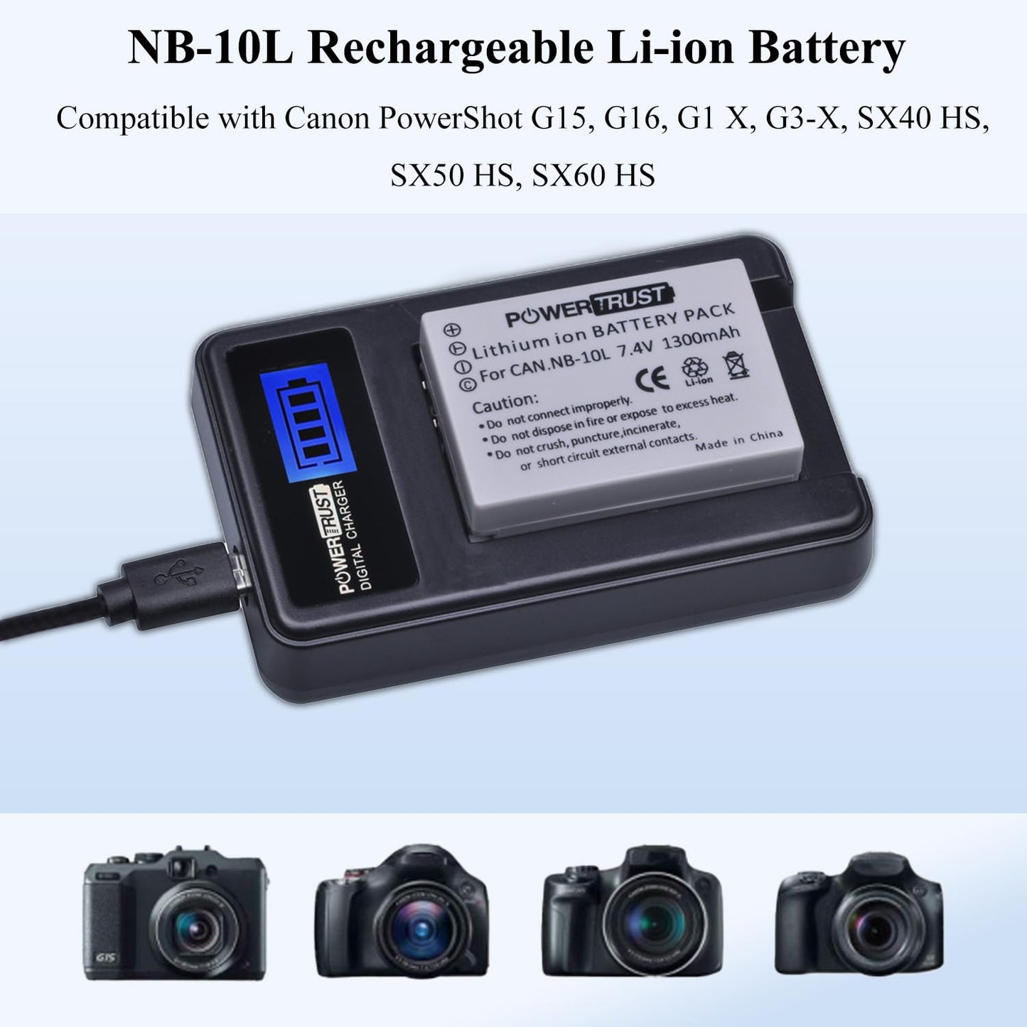 PowerTrust 2 Pack NB-10L Camera Battery and LCD USB Charger for Canon G1X G15 G16 SX40HS SX50HS SX60HS SX40 SX50 HS