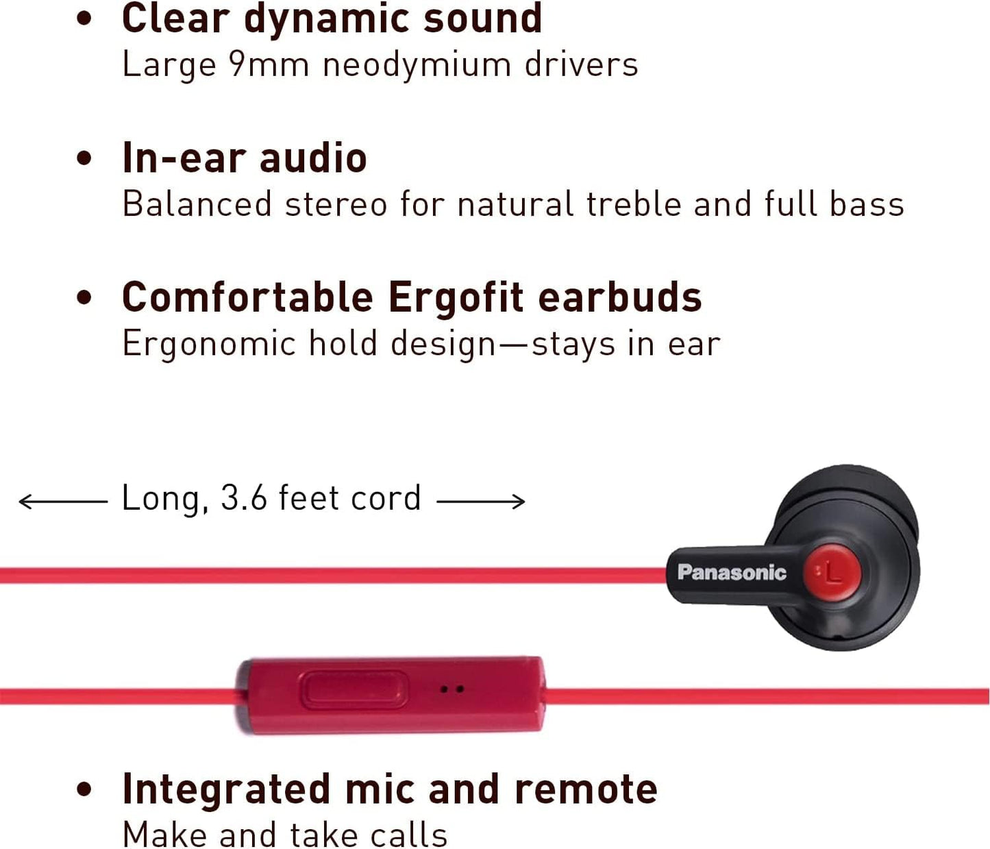 Panasonic ErgoFit Wired Earbuds with Microphone, 3.5mm Jack Headphones with Mic and Call Controller, Ergonomic Custom-Fit Earpieces (S/M/L),