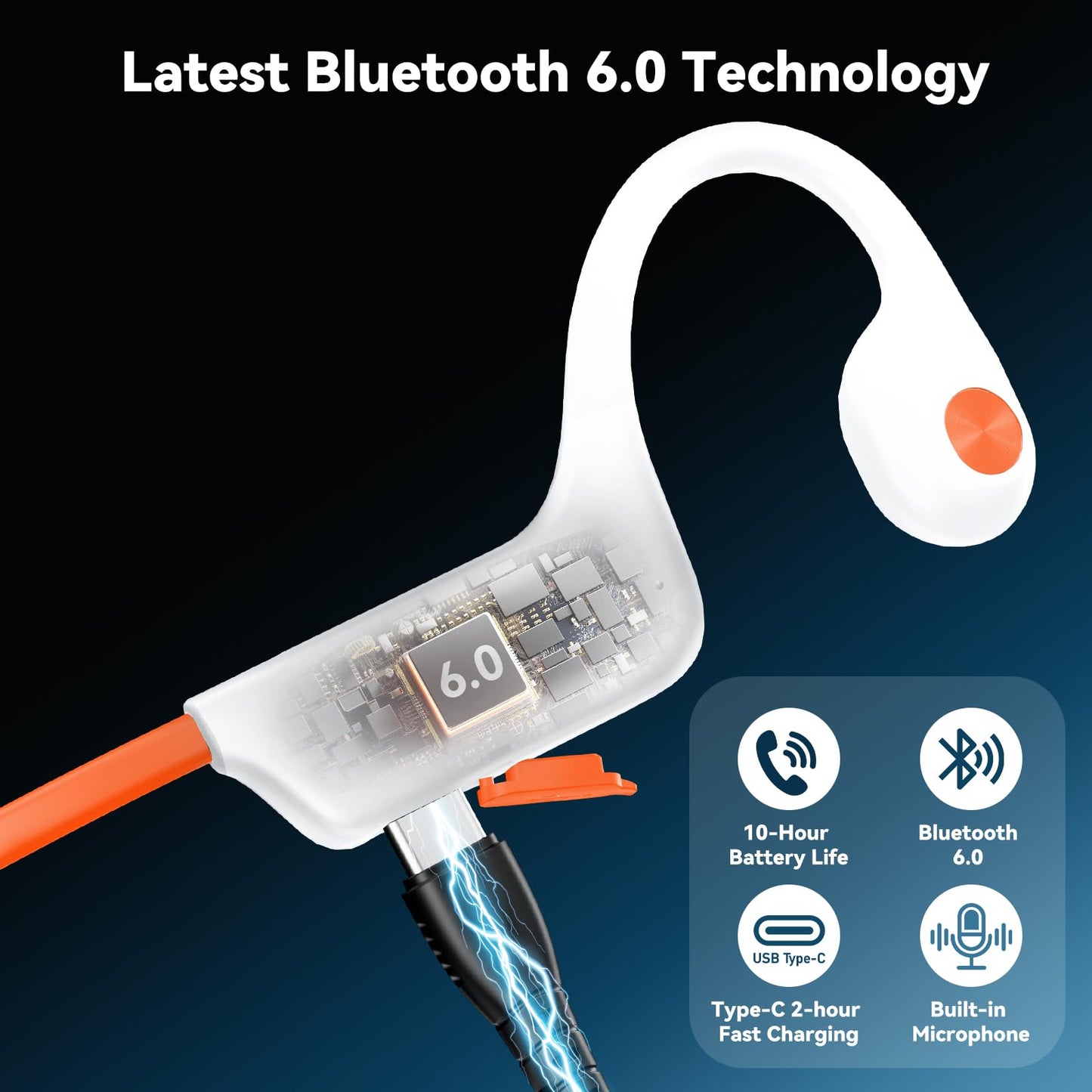 Bone Conduction Headphones, Bluetooth 6.0 Open Ear Headphones with Mic, Type-C Quick Charge, Long Battery Life, IPX5 Sweatproof, Lightweight