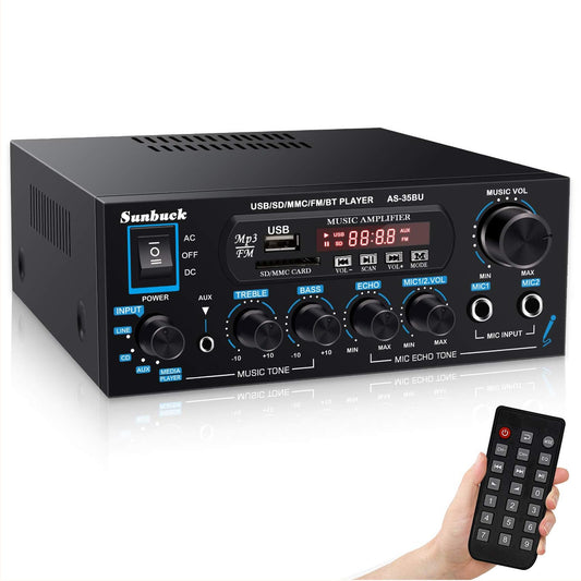 Sunbuck Small Amplifier, 400Wx2 Stereo Receiver for Home Audio, Optical/Coaxial Jacks for TV/CD/DVD/LP/PC, Support 192kHz Audio, Bluetooth Amplifier