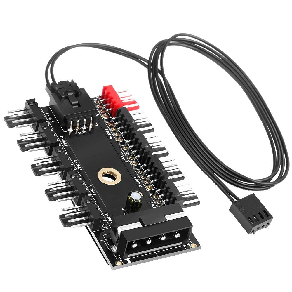 ELECTOP PC Chassis Fan Hub CPU Cooling HUB 10 Port 12V 4 Pin Fan PWM Hub Molex Controller
