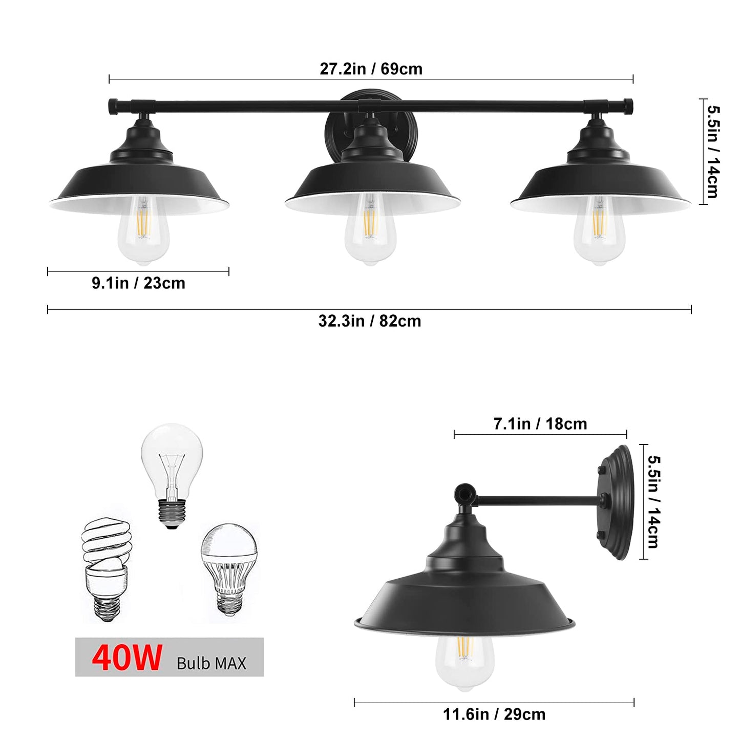 GoYeel Bathroom Vanity Light Fixtures Over Mirror 32.3"-Matte Black Wall Sconce Lighting 3 Lights Rustic Farmhouse Vanity Light Industrial Indoor Wall