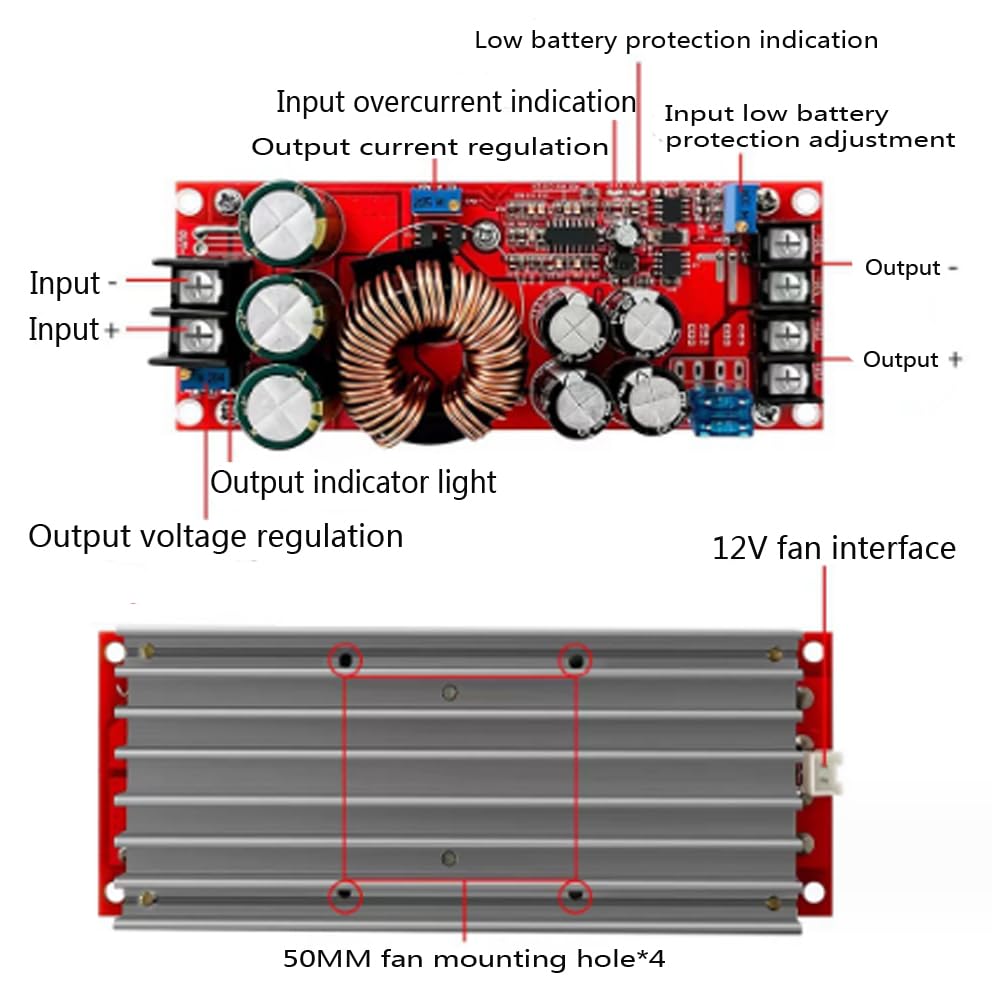 KOOBOOK 1Pcs 1200W 20A DC Car Step-up Power Supply Module Boost Converter Adjustable 10-60V to 12-83V