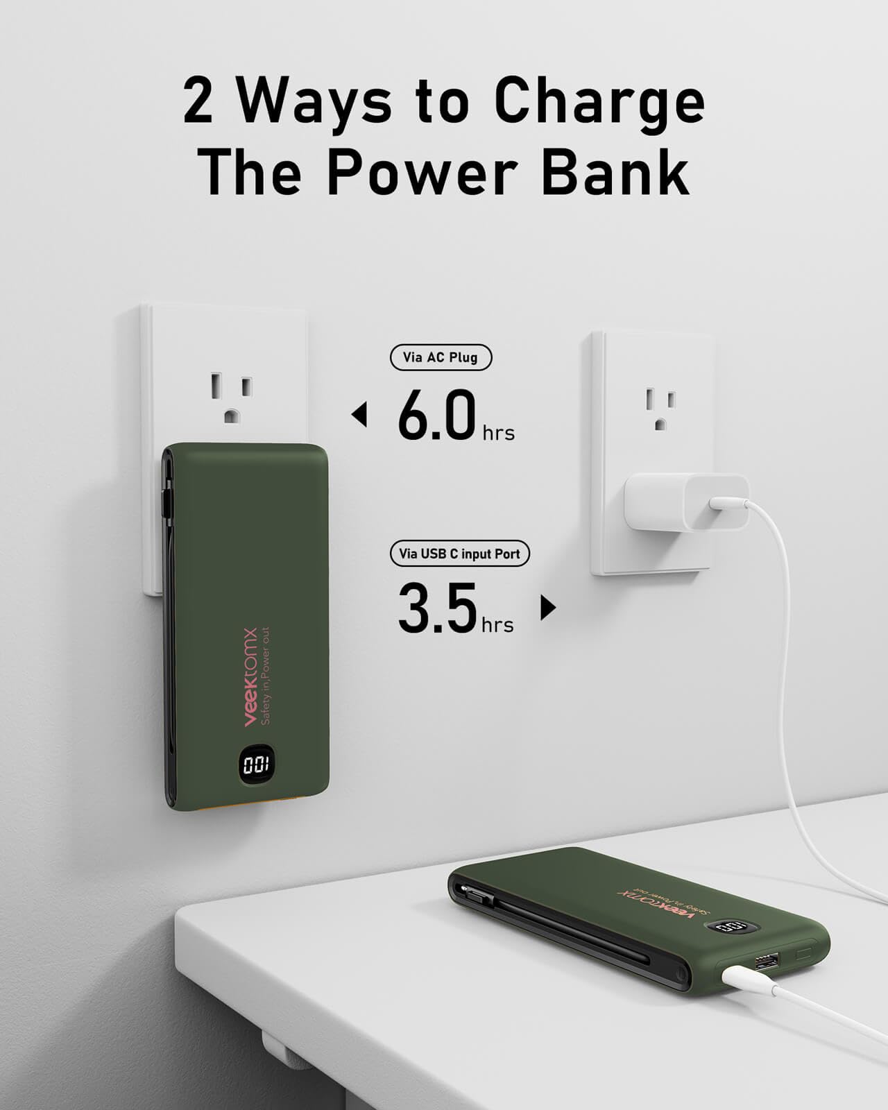 VEEKTOMX 10000mAh Portable Charger with Built-in Cables & Wall Plug