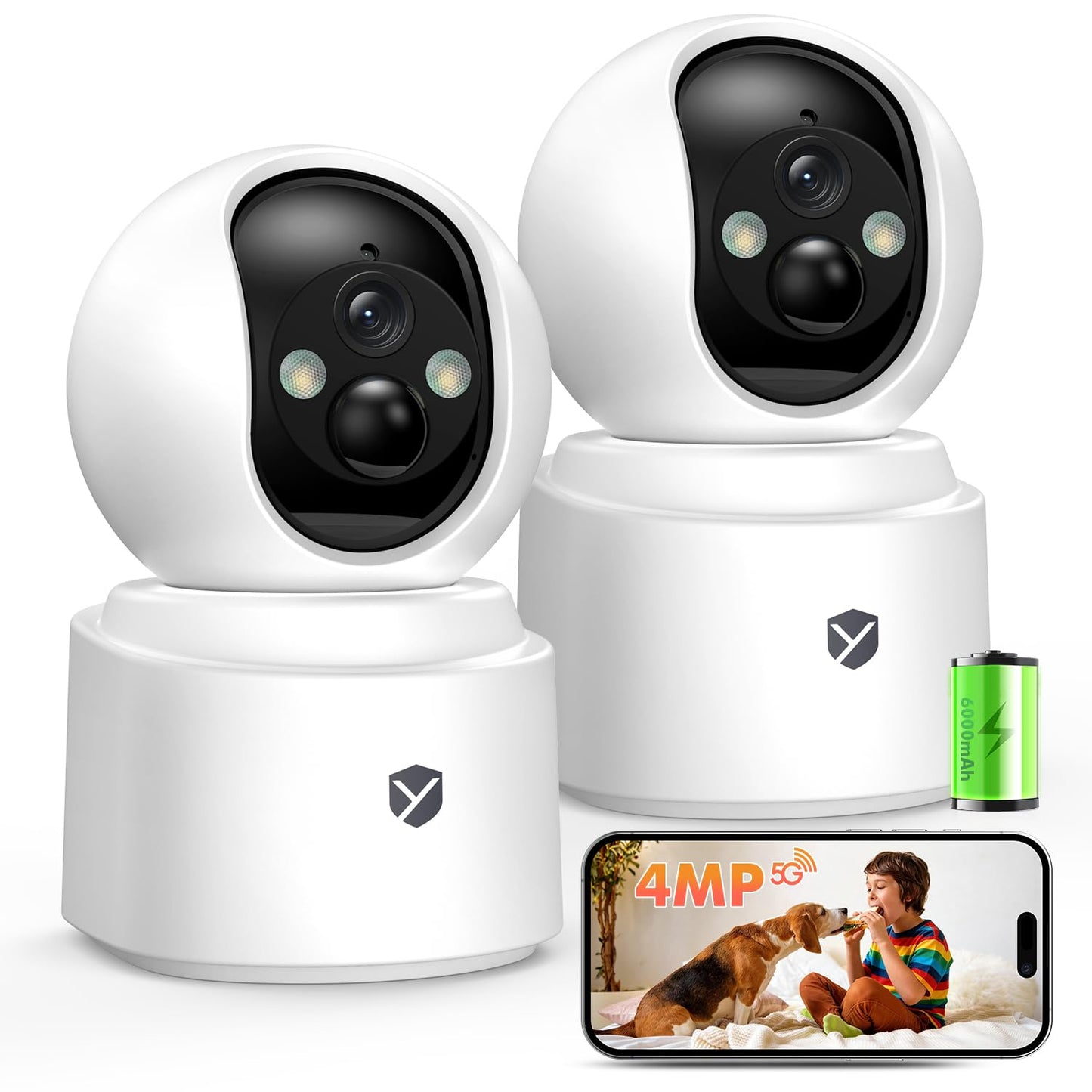 Battery Powered Indoor Camera Wireless, PTZ Pet Camera with 6000mAh Rechargeable, Dual-Band WiFi, 2.5K 4MP Color Night Vision, SD/Cloud Storage, 2-Way