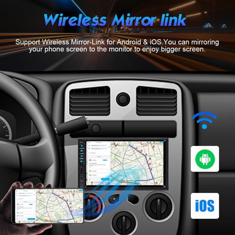 7 inch Double Din Car Stereo for Wireless Carplay & Android Auto with Voice Control,Bluetooth5.2 MirrorLink, Car Radio with Backup Camera,Touch Screen