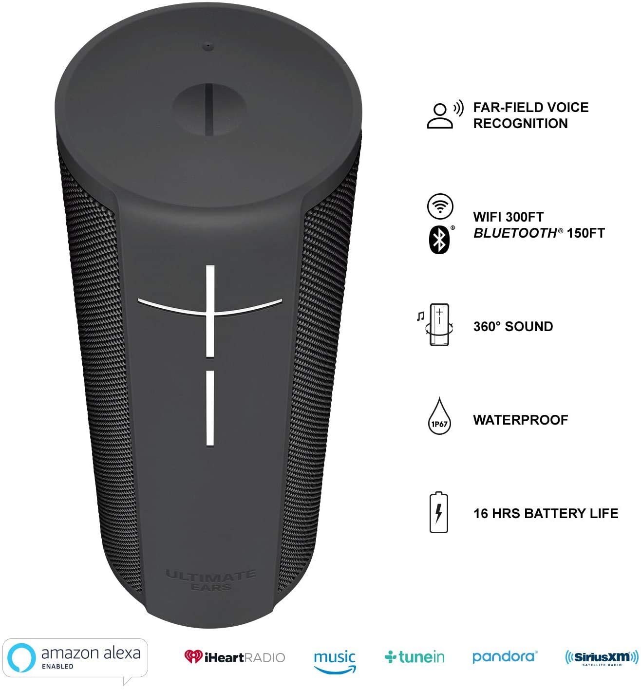 Ultimate Ears Megablast Portable Wi-Fi/Bluetooth Speaker with Hands-Free Amazon Alexa Voice Control (Waterproof) with Charging Dock - Graphite Black