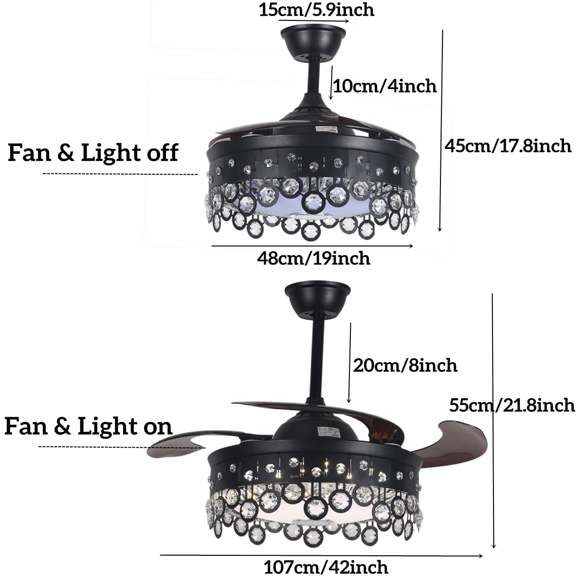FANEPRO 42" Retractable Ceiling Fan with Lights Remote Control, Black Crystal Fandelier Smart 7 Color Dimmable LED Chandelier with Bluetooth Speaker