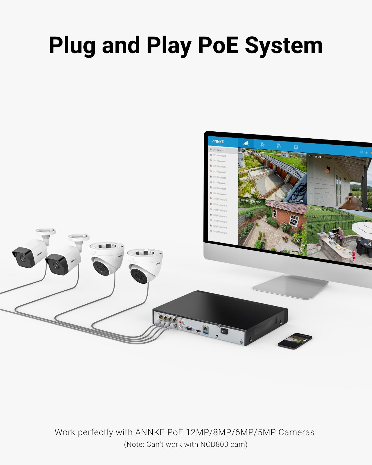 ANNKE 4K Surveillance Camera System, 8CH H.265+ NVR for 24/7 Recording, 8X 8MP PoE IP Camera with Mic, Smart Dual Light, Human&Vehicle Detection