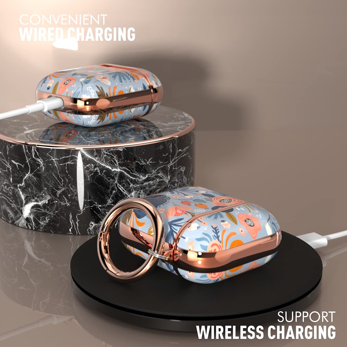 wenew for AirPod Case, Flower AirPods Hard Case Cover with Keychain for Women Men, AirPod 1st & 2nd Generation case (Blue)