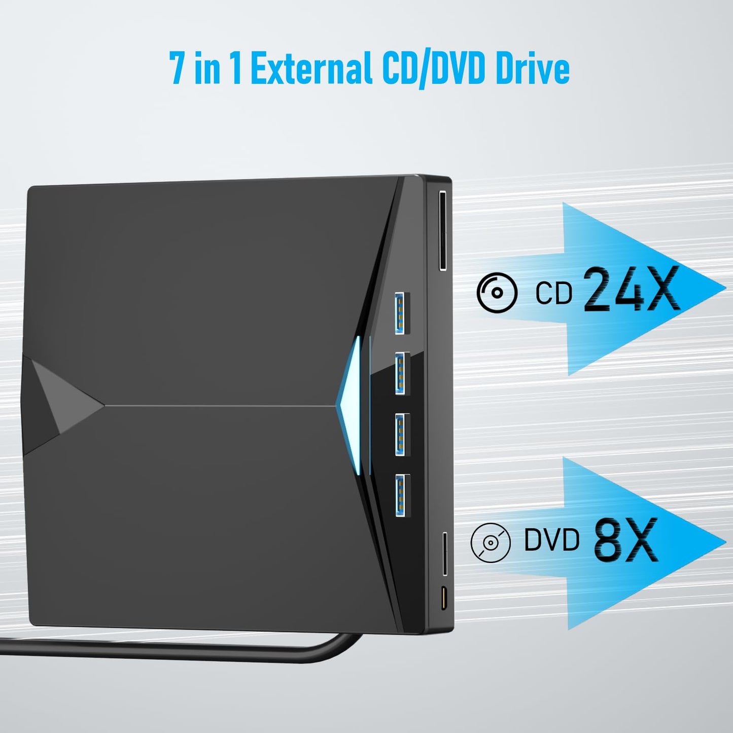External CD/DVD Drive for PC, Portable 7 in1 USB 3.0 CD Drive External Usb, CD Reader for PC CD Burner with 4 USB Ports and TF/SD Card Slots, External