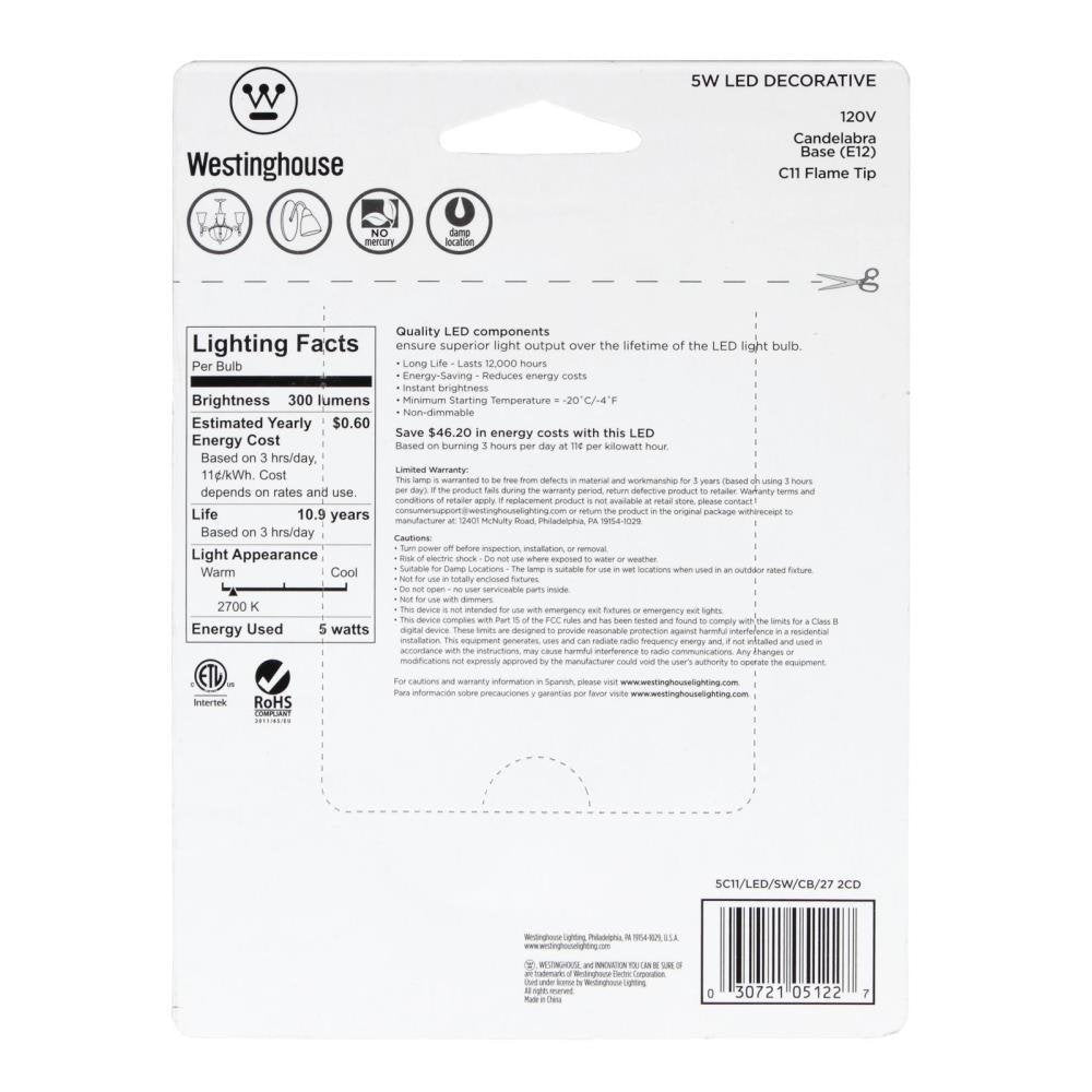 Westinghouse 0512200 40W Equivalent C11 Soft White LED Light Bulb with Candelabra Base