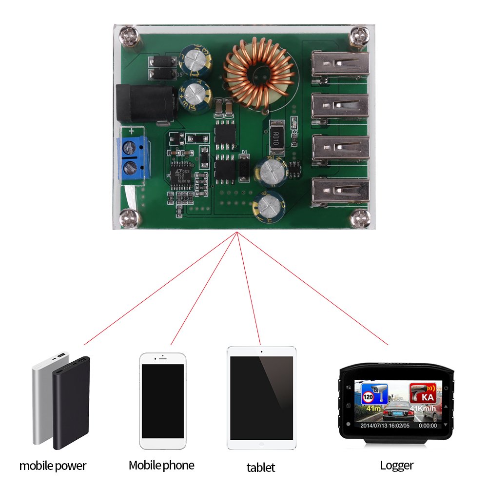 DC 7-60V to 5V Voltage Step Down Power Converter 5A Board Module Transformer with 4 USB Ports