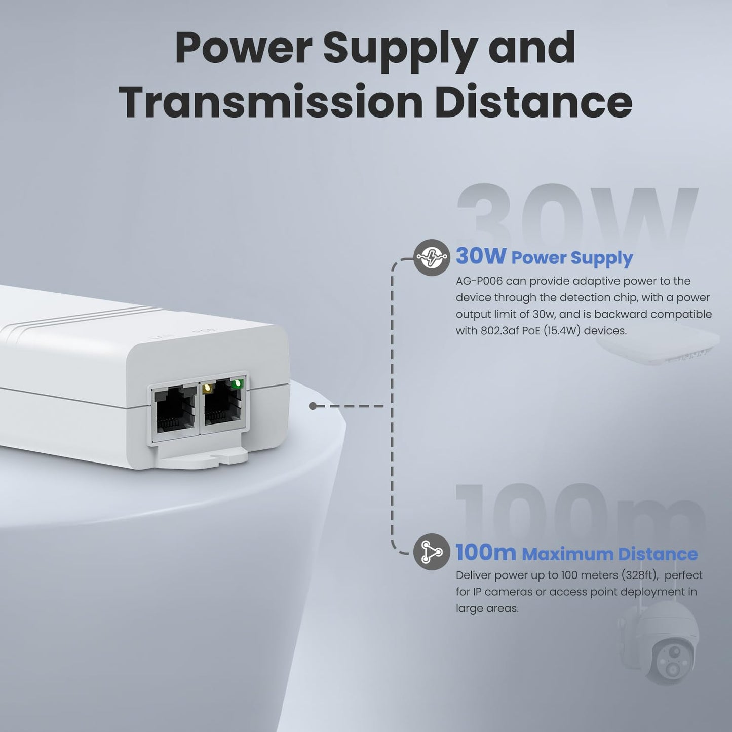 10Gbps PoE+ Injector, 30W IEEE 802.3at/af Compliant, 10 Gigabit Ethernet Port, for High-Speed Data Transmission to IP Camera, Access Point, NVR