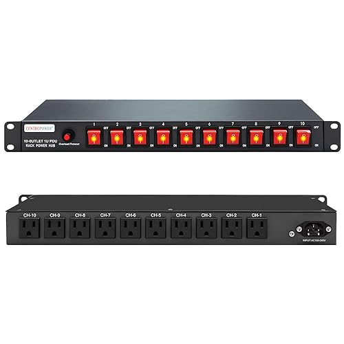 1U PDU Horizontal Rack Mount Power Strip - Surge Protector 10 NEMA 5-15R Outlet 100V-240V/15A 1800 Joules, 10 Independent LED Switches, w/6ft Cord