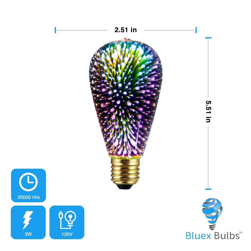 2 Pack Infinity 3D Fireworks Effect ST19 LED Light Bulb - 3W 120V Fairy Multicolor Disco Party Light, Stain Glass Colorful Bulb
