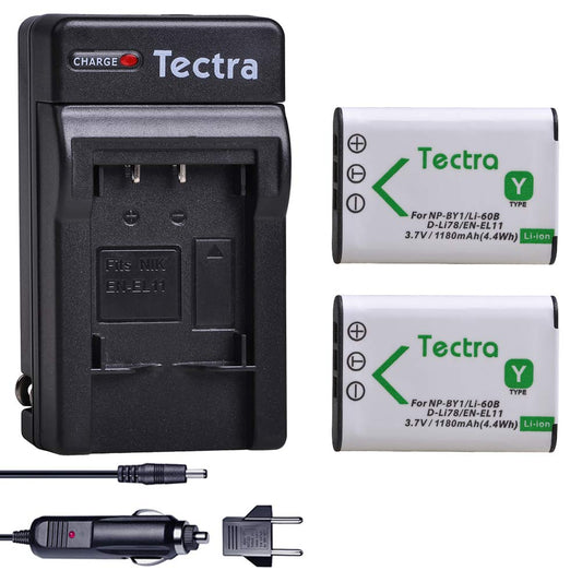 Tectra 2-Pack Battery and Charger Kit for NP-BY1 EN-EL11 LI-60B D-Li78 Compatible with Nikon Coolpix S550 S560 Sony Action Cam Mini HDR-AZ1VR AZ1 AZ1V