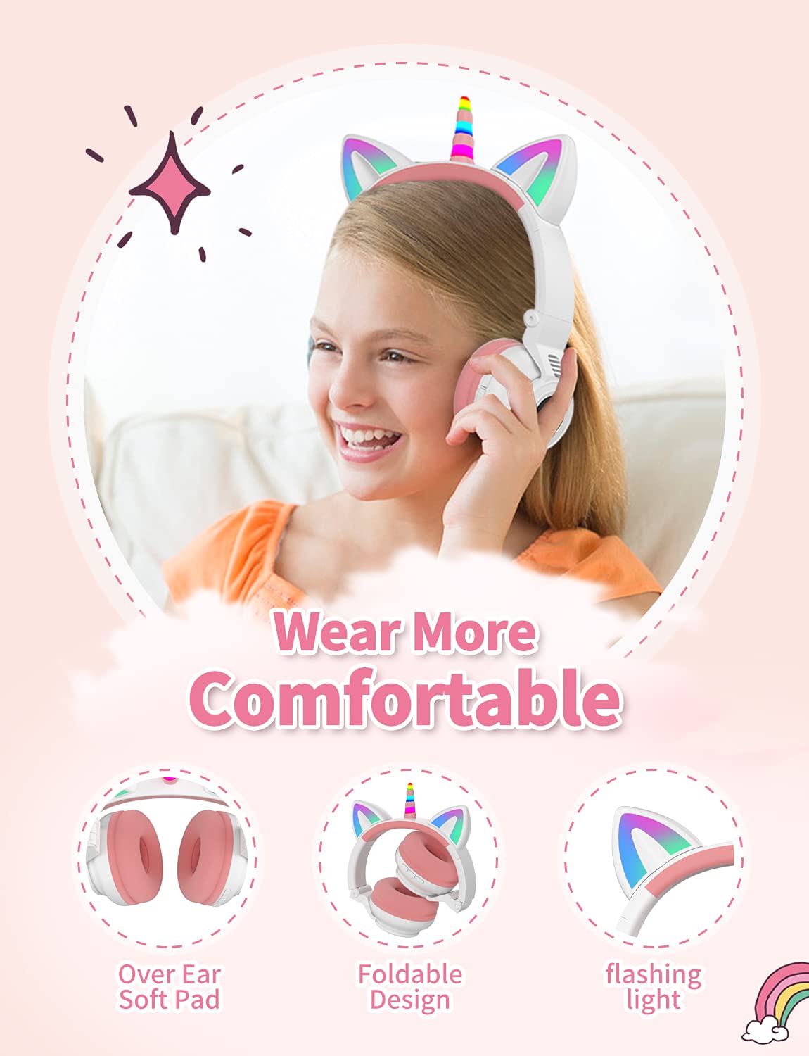 YUSONIC Unicorn Kids Headphones for Girls, Unicorn Bluetooth Headphones Foldable for Girls Toddlers Tablet/pad/Amazon fire,Light Up Kids Wireless…