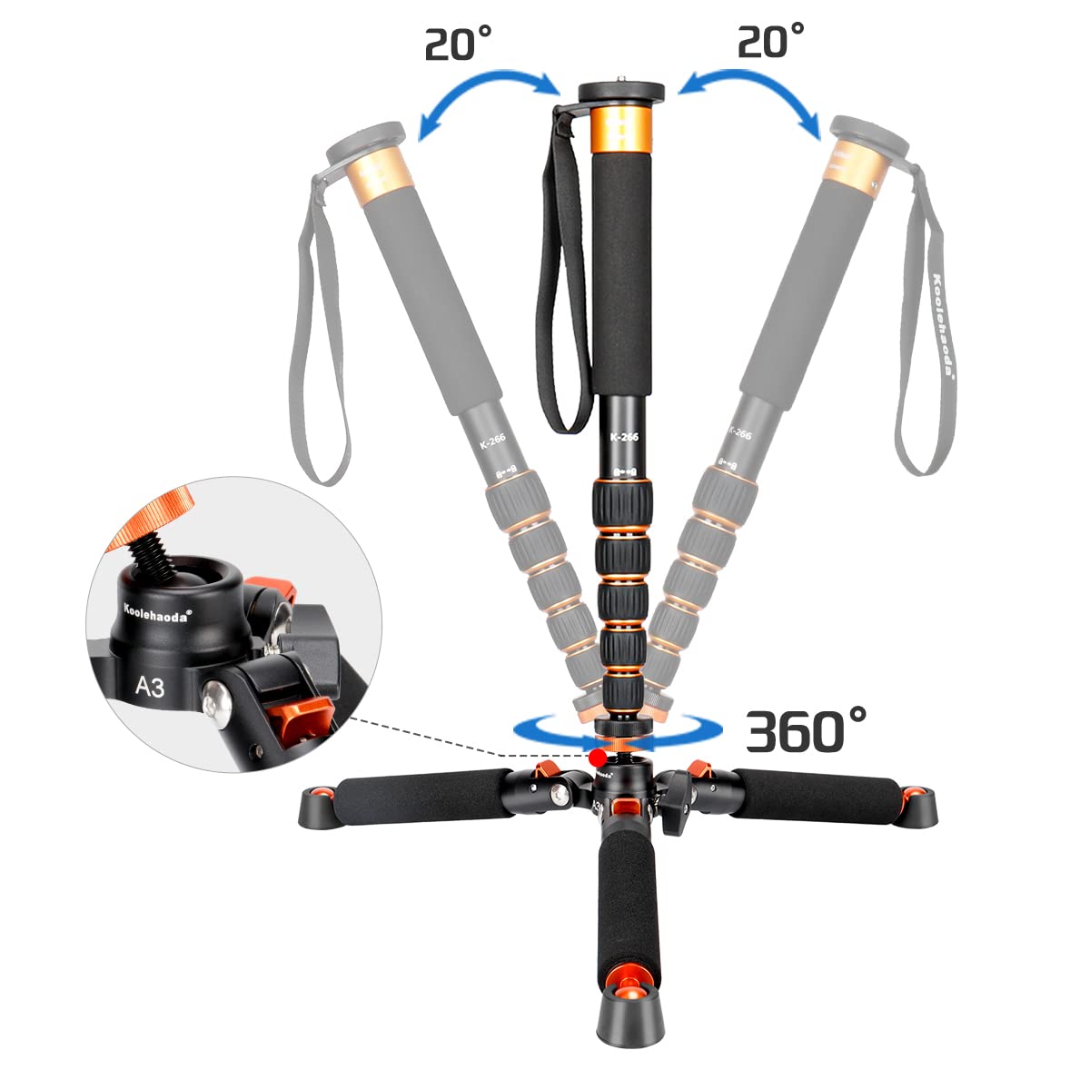 Koolehaoda Camera Aluminum Monopod with Metal Tripod Base.6 Sections 46-177cm/18-69inch Adjustable, Leg Diameter ?28mm,up to 6kg /13lbs