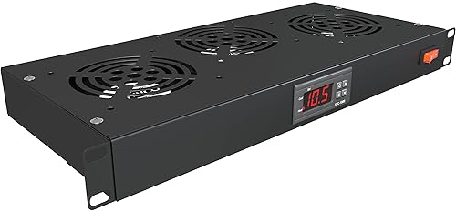 Rack Mount Fan - 3 Fan Server Cooling System - 1U 19" Rackmount Cabinet Panel Adjustable Temperature Control (Digital Heat Monitor Display) Sensor