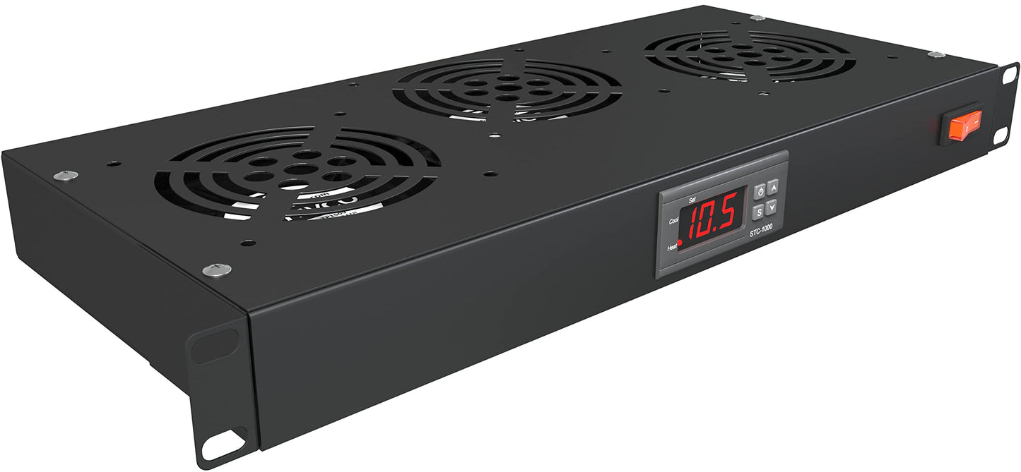 Rack Mount Fan - 3 Fan Server Cooling System - 1U 19" Rackmount Cabinet Panel Adjustable Temperature Control (Digital Heat Monitor Display) Sensor