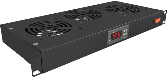 Rack Mount Fan - 3 Fan Server Cooling System - 1U 19" Rackmount Cabinet Panel Adjustable Temperature Control (Digital Heat Monitor Display) Sensor