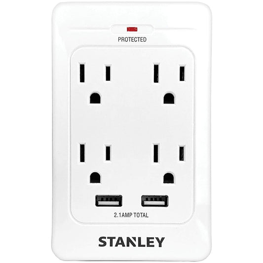 STANLEY SurgeQuad Surge Adapter 4 AC Outlets with 2 USB Ports 1080 Joules Surge Protection 2.1A USB Charging LED Indicator