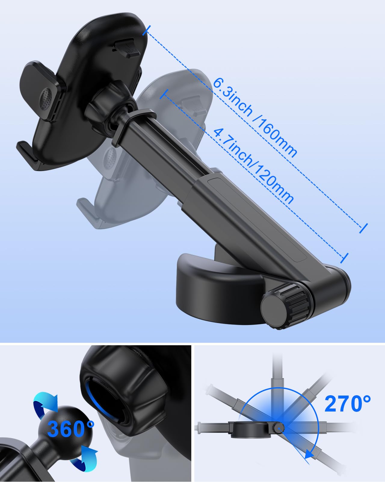 Ciencimy Phone Holder Car [Reusable Velcro Design] Universal Dashboard Windshield Phone Mount for Car,[One Finger Release],360° Rotation Car Phone