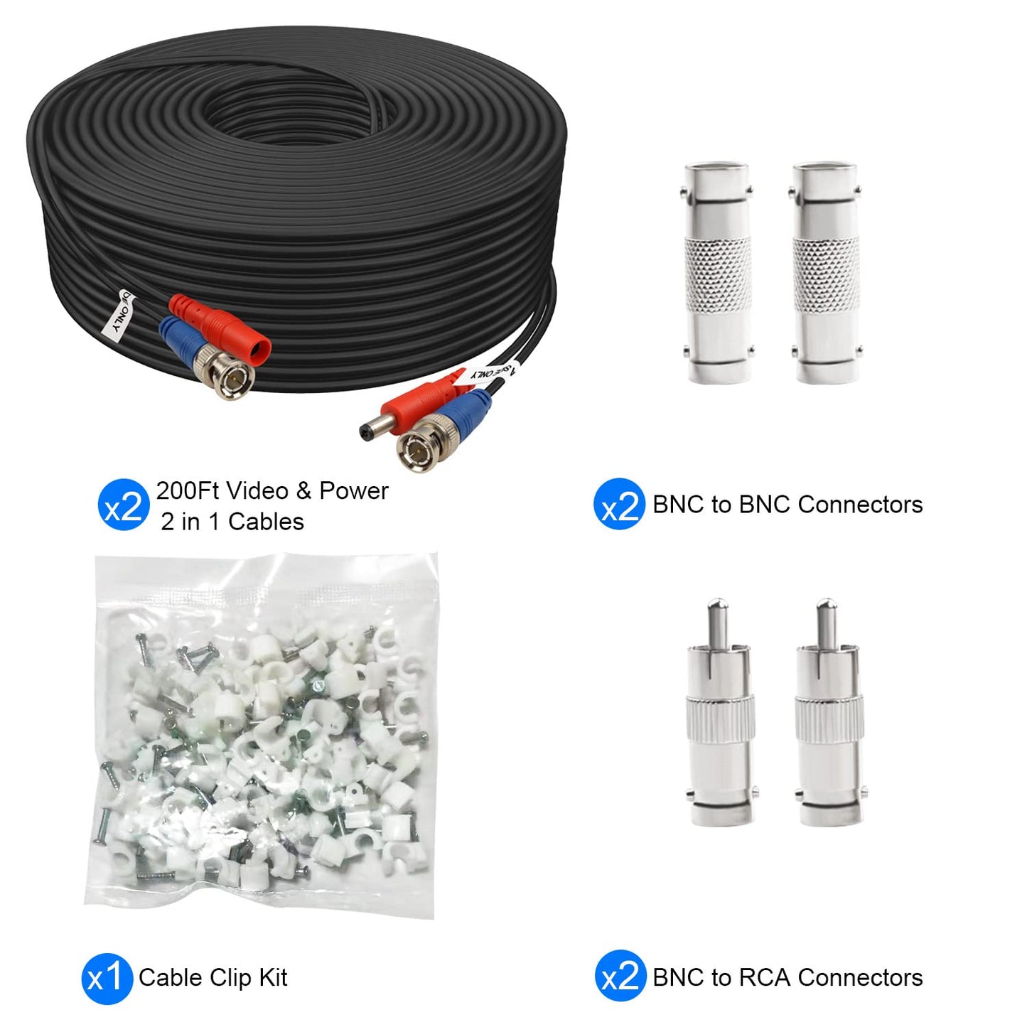 BNC Cable 200ft 2 Pack Aimyzii BNC Video Power Cable,Security Camera Cable for CCTV Camera DVR Security Systems(Included 4X BNC Adapters,50 Pcs Cable