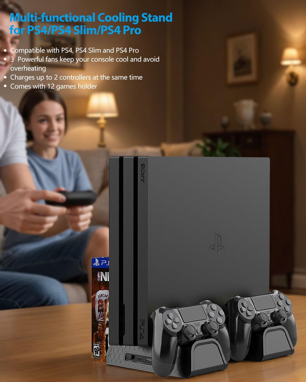 URWOOW Vertical Stand for PS4/PS4 Slim/PS4 Pro - Cooling Fan with PS4 Charger Controller Charging Station with Game Storage (Black)