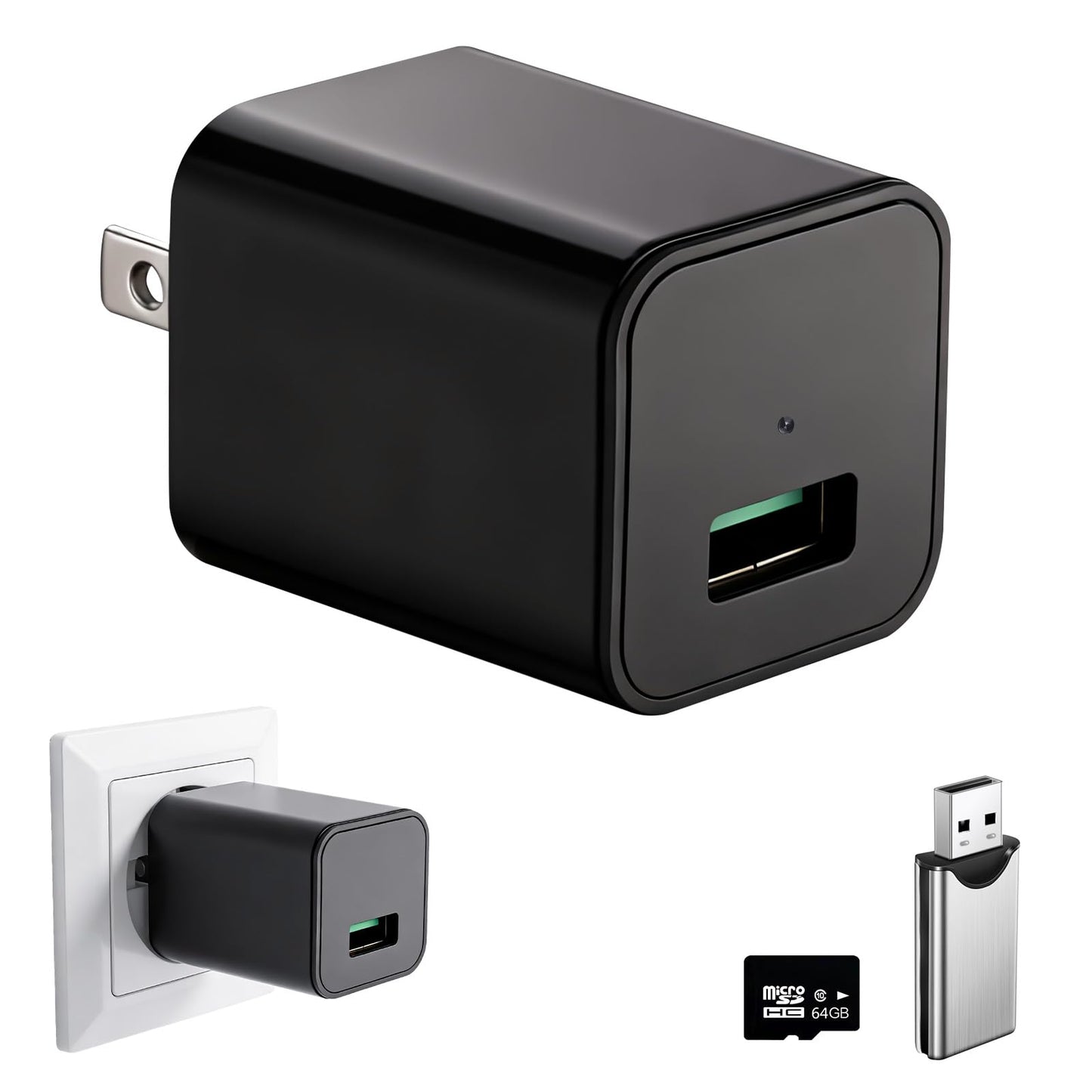 CBHLPLK Mini Camera with 64G Card 1080P Small Security Camera Charger with Motion Detection for Indoor (No WiFi)