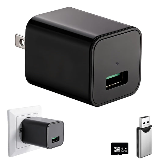 CBHLPLK Mini Camera with 64G Card 1080P Small Security Camera Charger with Motion Detection for Indoor (No WiFi)