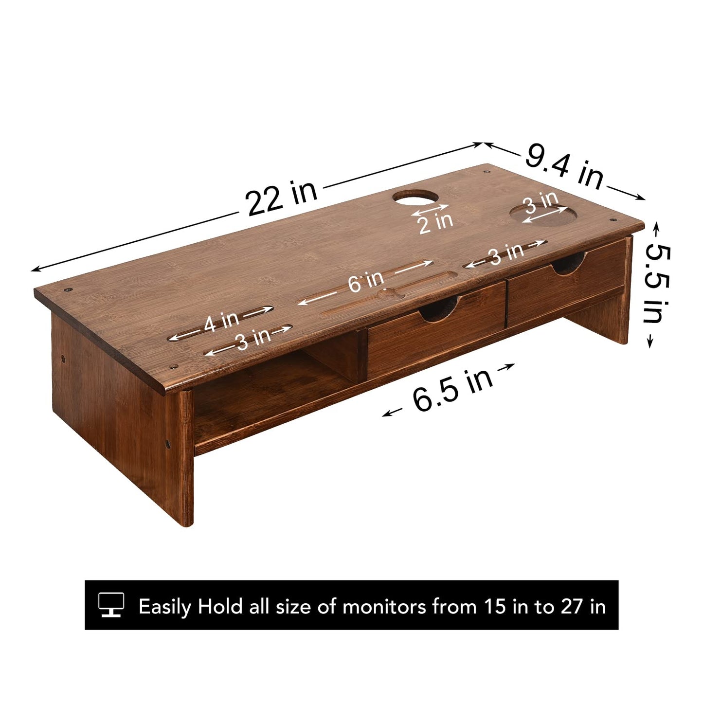 Sundale Outdoor WAYTRIM Bamboo Wood Monitor Stand Ergonomic Computer Riser with Storage Organizer Drawers Desktop Laptop Shelf Risers Cellphone Stand